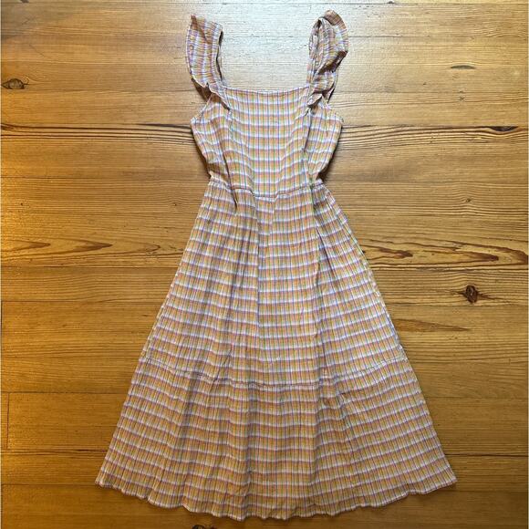 LOFT Dresses & Skirts - Loft colorful plaid print ruffle accent gauzy midi dress‎ SIZE M